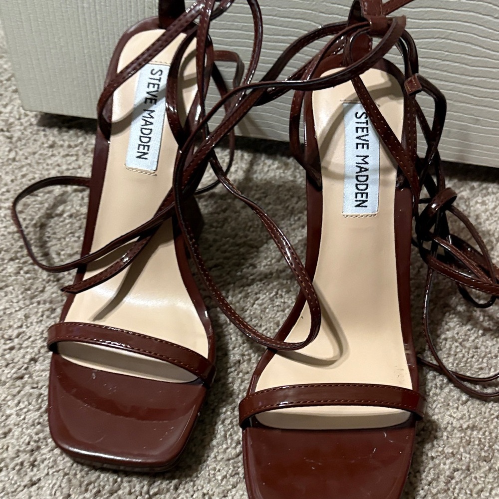 Steve Madden Women's Dark Brown Strappy Heels.  Lafayette brown patent leather.